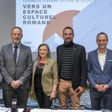 Six ministres de la culture cantonaux de Suisse romande étaient présents vendredi à Lausanne, avec en plus la ministre tessinoise qui est intervenue par vidéoconférence. Keystone/MARTIAL TREZZINI
